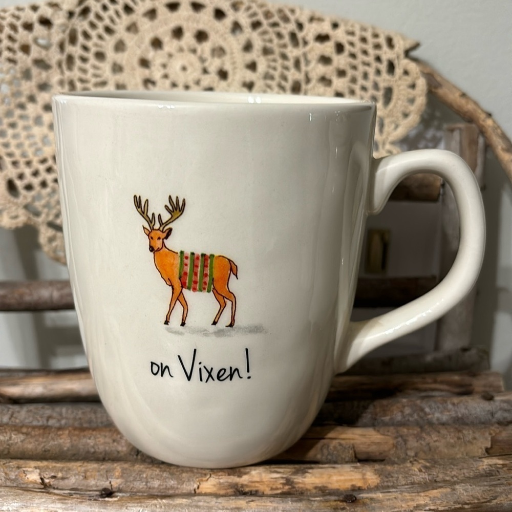PRE OWNED RAE DUNN ON VIXEN SANTA'S REINDEER CERAMIC MUG